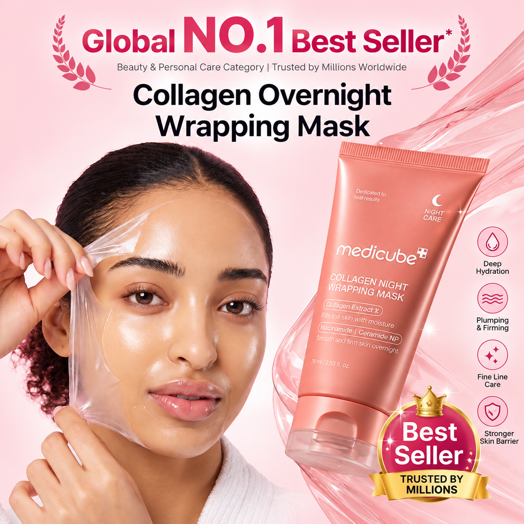 SevenLakes™ (Medicube Edition) Korean Bio-Collagen Night Wrapping Mask — 1-Night "Glass Skin" & Pore-Tightening Pillow-Proof Peel (Niacinamide + Ceramide NP, 75ml)