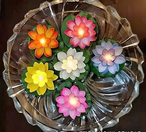 Flameless Lotus Flower Water-Sensor LED Diyas, Pack of 6