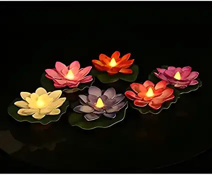 Flameless Lotus Flower Water-Sensor LED Diyas, Pack of 6