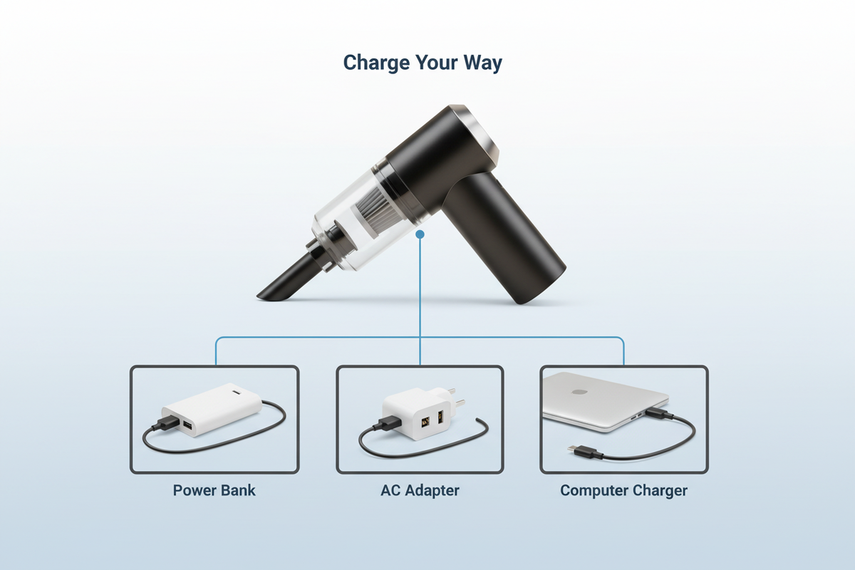 Alternative charging methods for the handheld vacuum