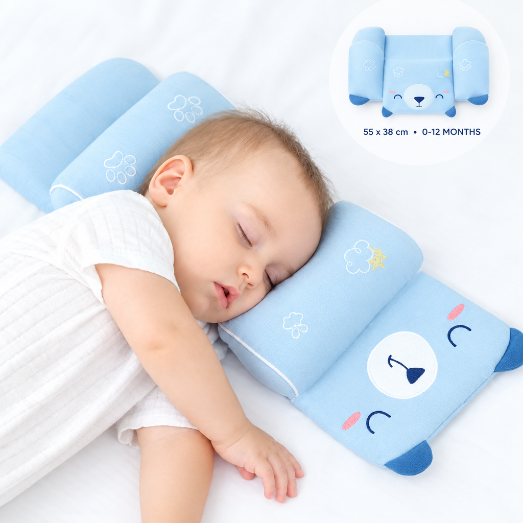 Sleeping-baby lifestyle shot with a clean 55 x 38 cm inset